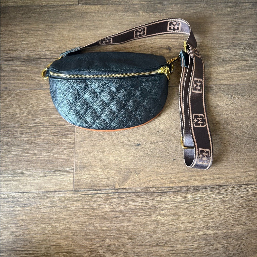 Black Quilted Crossbody Bag with Logo Strap